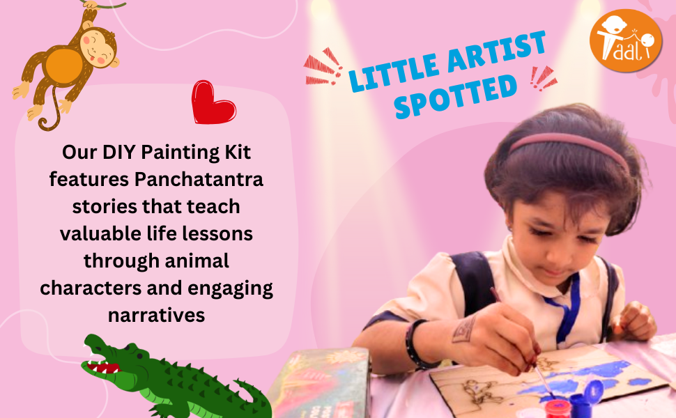 Child painting on DIY painting kit featuring Panchatantra stories on a pink background.