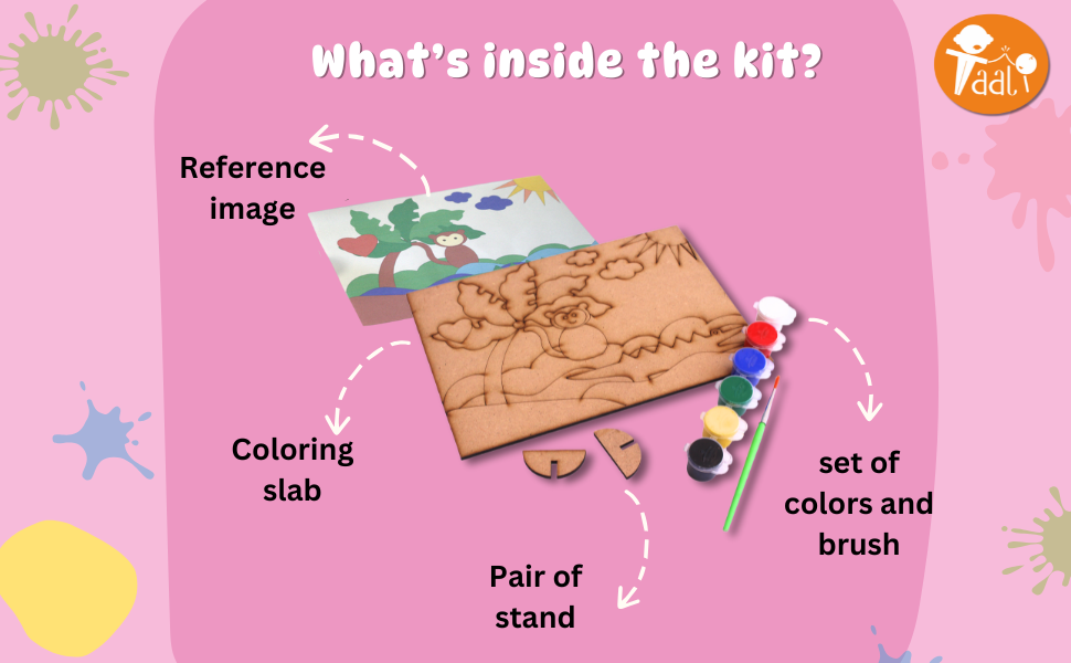 DIY painting kit with whats there inside box. Includes Wooden coloring slab, pair of stands, set of colors and brush with reference image to paint