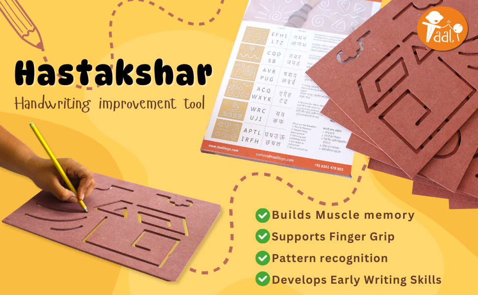 Hastakshar handwriting improvement tool with a hand holding a pencil, on a yellow background.