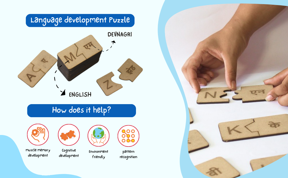 Educational puzzle for language development with wooden pieces and hands interacting.