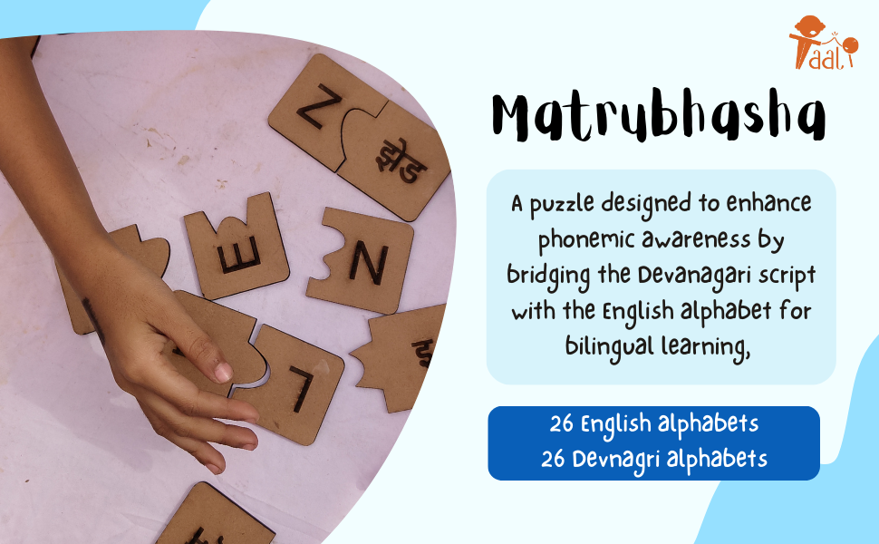 Puzzle with English and Devangari alphabets for bilingual learning on a pink background