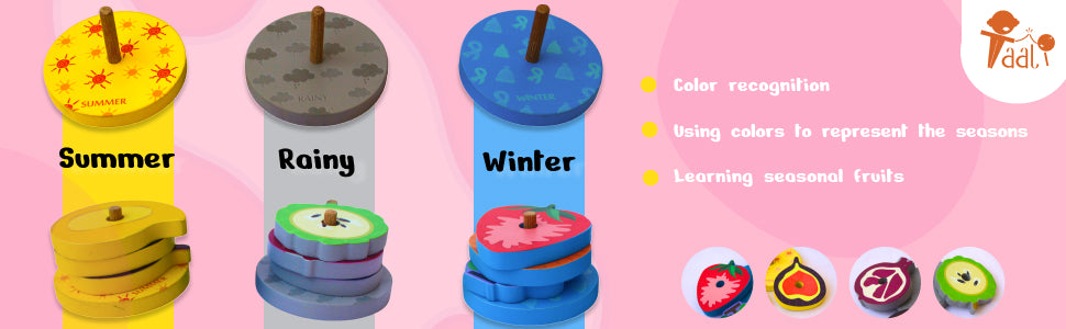 Set of colorful toys with fruit illustrations and labels for summer, rainy, and winter.