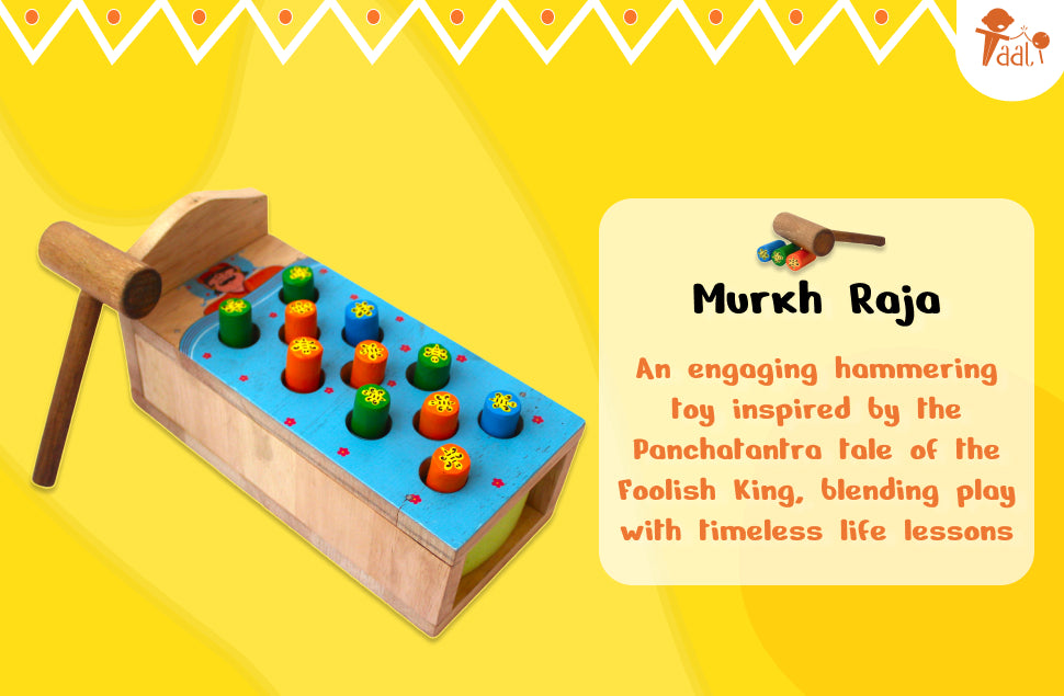 Wooden hammering toy with colorful pegs on a yellow background, featuring text about the 'Murkh Raja' toy.