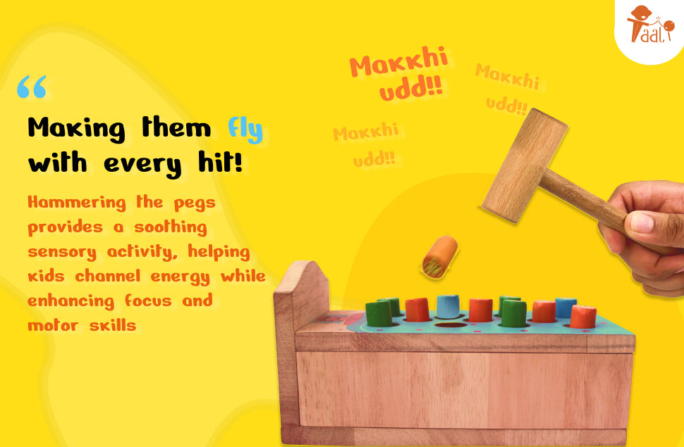 Wooden peg game with a hammer on a yellow background, promoting sensory activity for children.