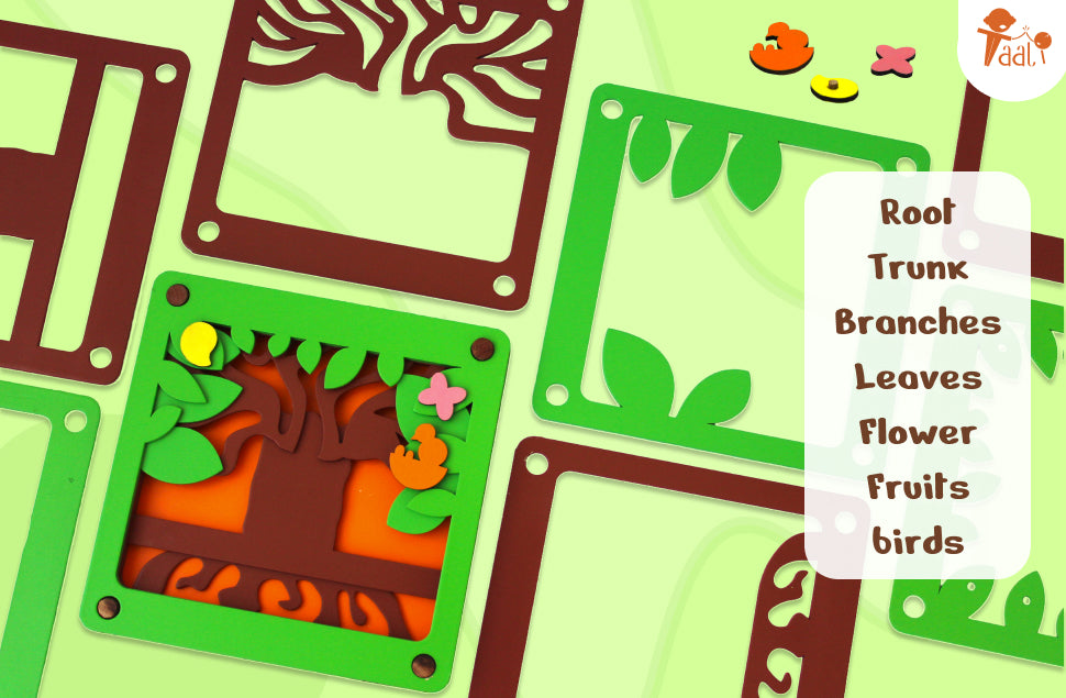 A stacking puzzle toy designed to introduce parts of a tree through a stack-by-stack approach.