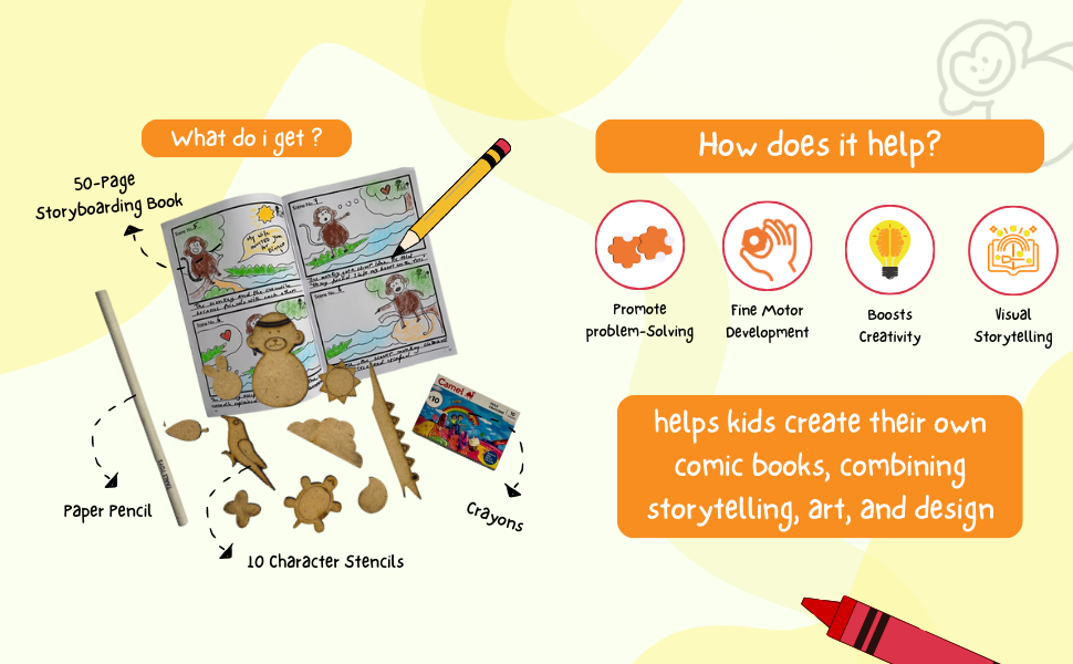 Storytelling kit with storybook, pencils, character stencils, and crayons on a yellow background.