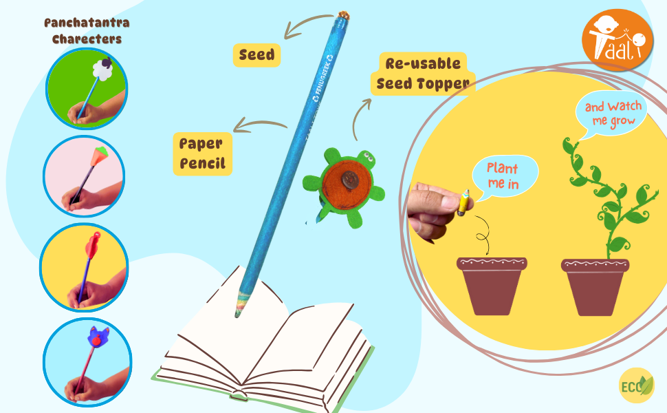 plantable paper pencil with seed topper, plant growth stages, and panchatantra characters.