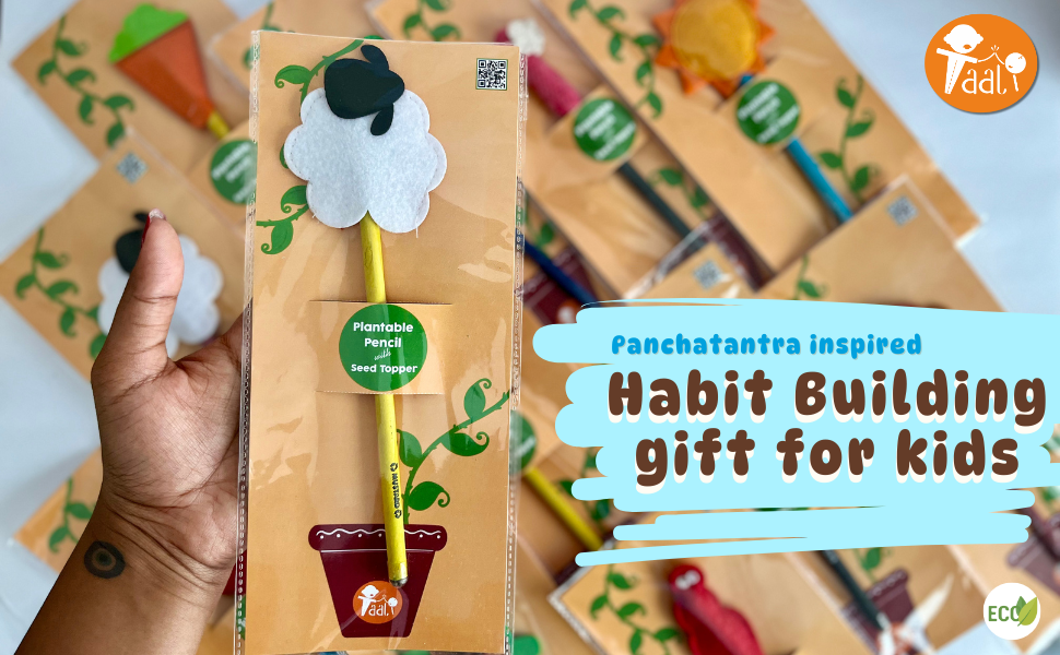 Panchatantra inspired habit building gift for kids with a hand holding a pencil and seed topper.