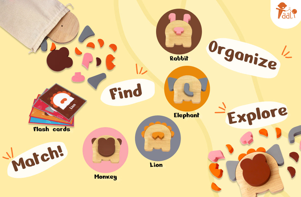 Educational children's game with animal cards and flashcards on a yellow background