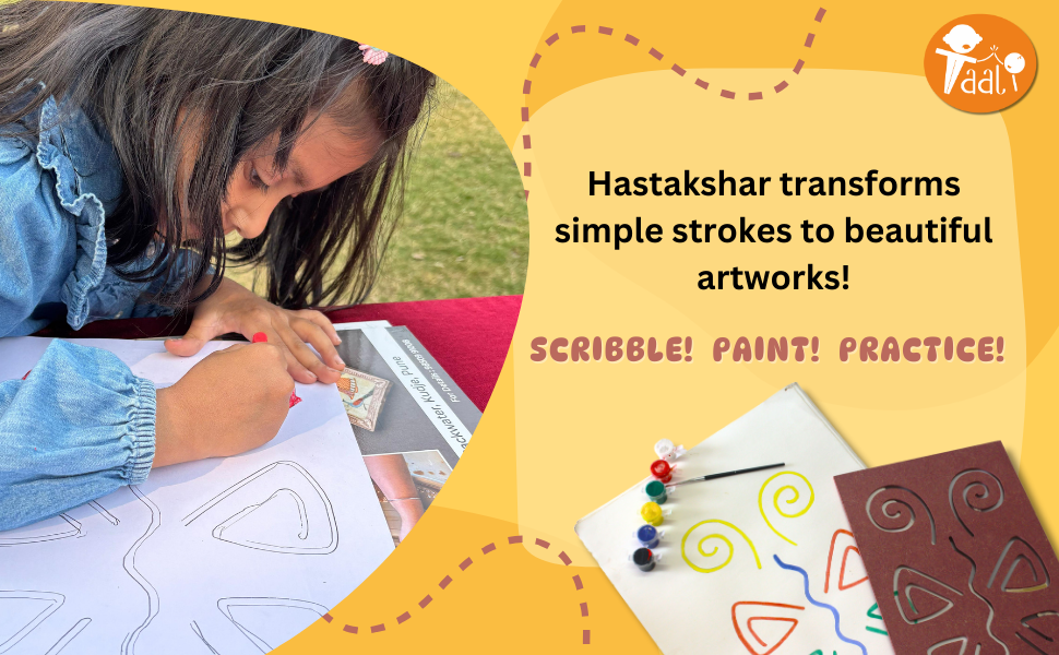 Child drawing with colorful strokes on paper, Hastakshar stencils transforming simple strokes into beautiful artworks.