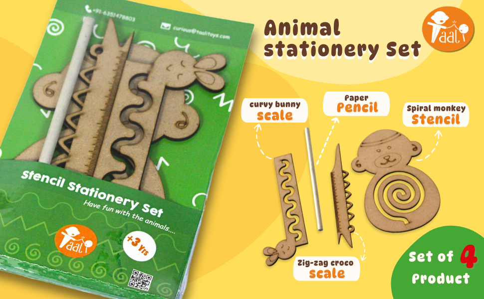 Animal stationery set with packaging and product display on a yellow background