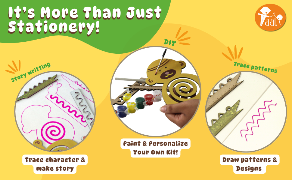 Stationery set with activities like tracing, painting, and drawing.